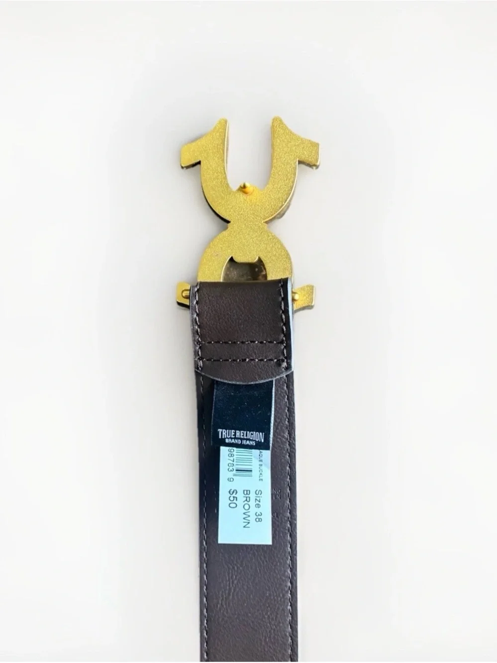 True Religion Brown Leather Belt with Gold Signature Buckle